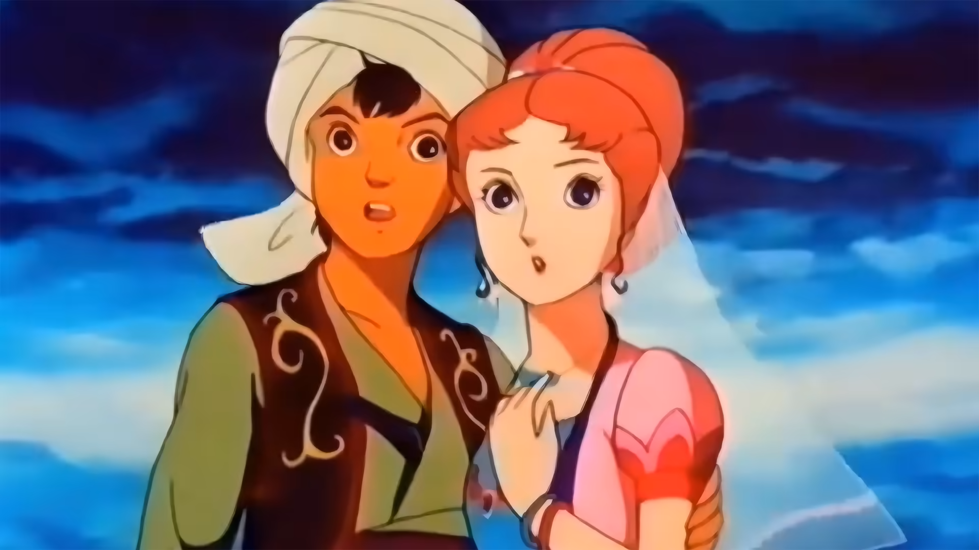 Aladdin and the princess looking shocked.