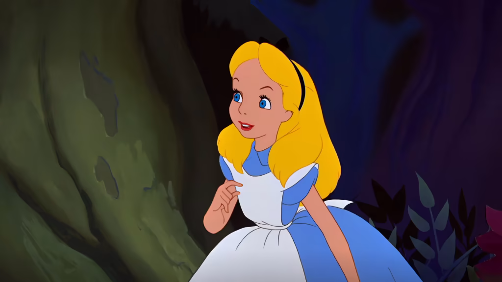 Alice in a forest, looking to the side.