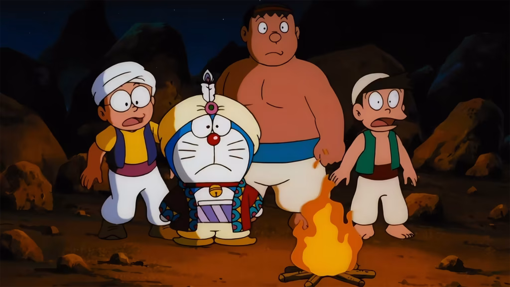 Nobita and friends standing next to the campfire.