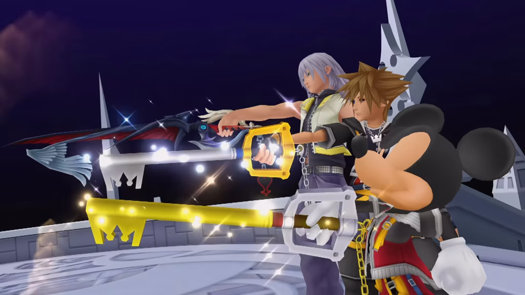 Sora, Riku, and Mickey holding their keyblades.