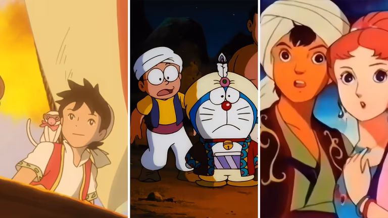Sinbad, Nobita, Doraemon, Aladdin, and Princess Badral.