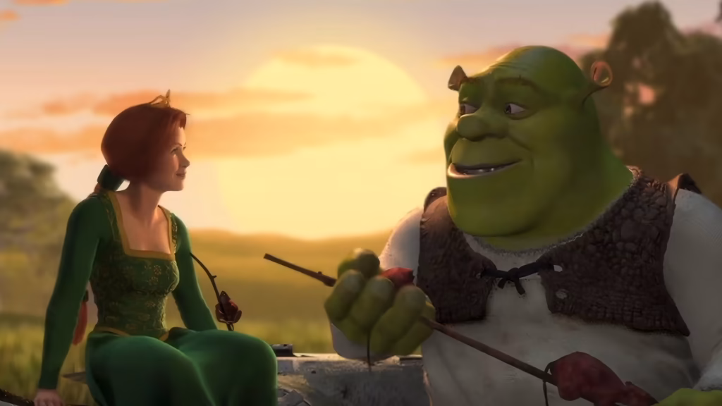 Shrek and Fiona enjoying BBQ during a sunset.