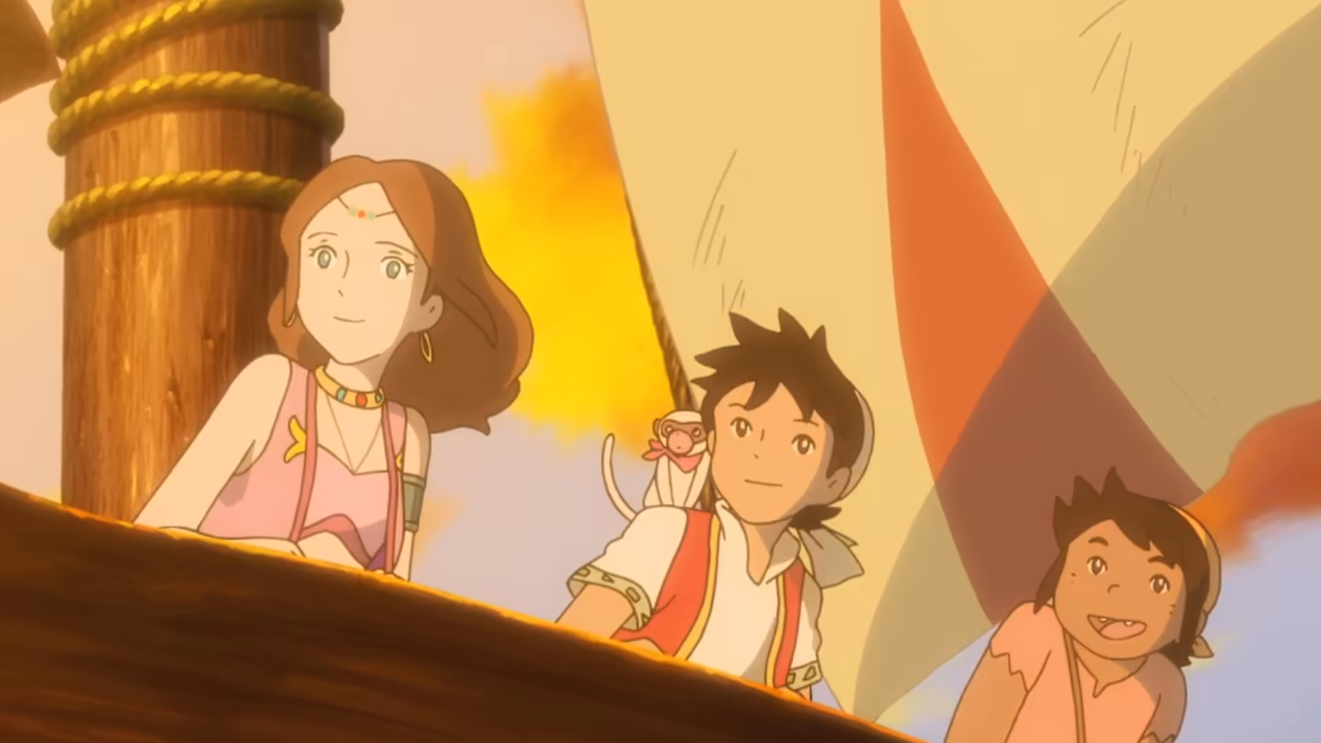 Sinbad sailing on a ship with his friends.
