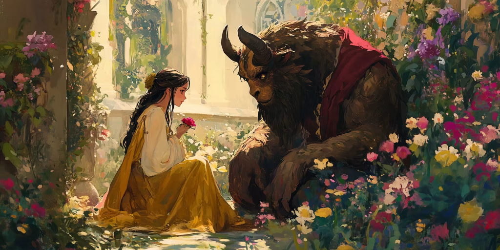 Beauty and the Beast in a garden.