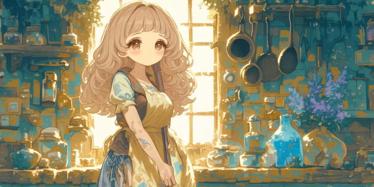 Cinderella in tattered clothes in the kitchen.