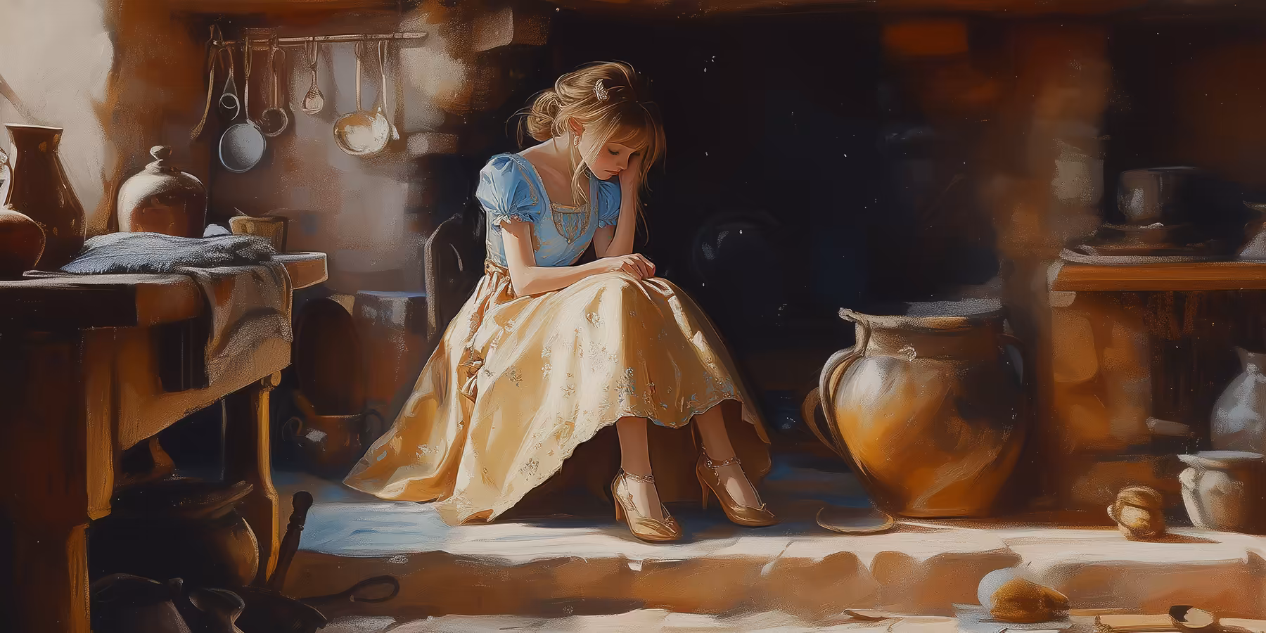 Cinderella with her golden slippers, sitting in the kitchen.