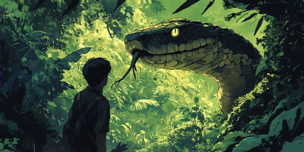A boy meeting a cobra in the jungle.