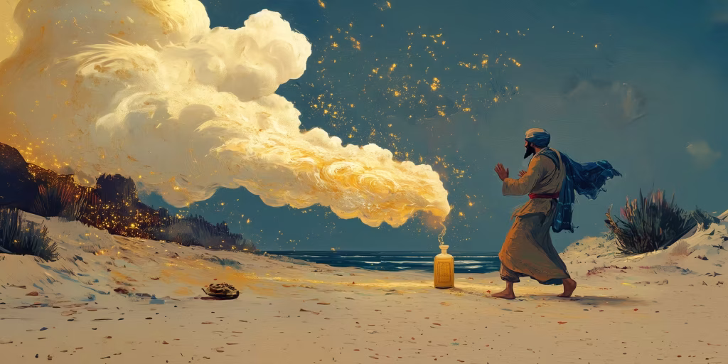 A fisherman let out a genie from a bottle.