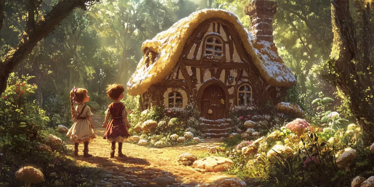 Hansel and Gretel looking at a cottage in the forest.