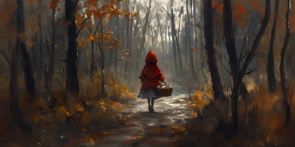 Little Red Riding Hood carrying a basket of cakes walking in the woods.