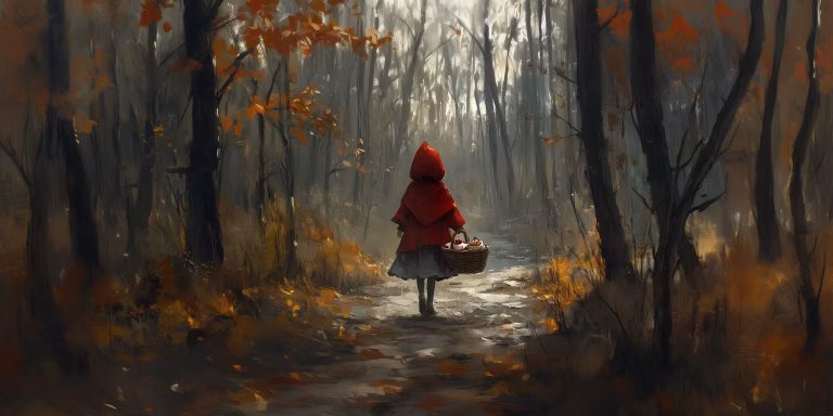Little Red Riding Hood carrying a basket of cakes walking in the woods.