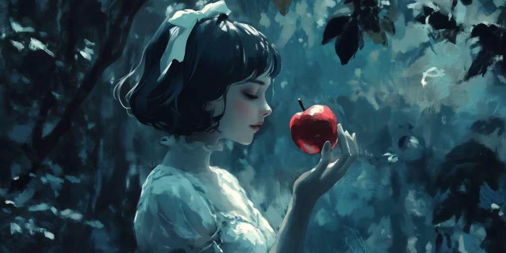 Snow-white holding onto a red apple.