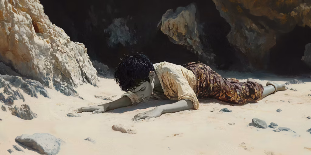 Malin Kundang lying on the beach, turning into a rock.