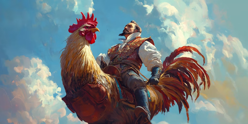 Twardowski riding on a giant rooster.