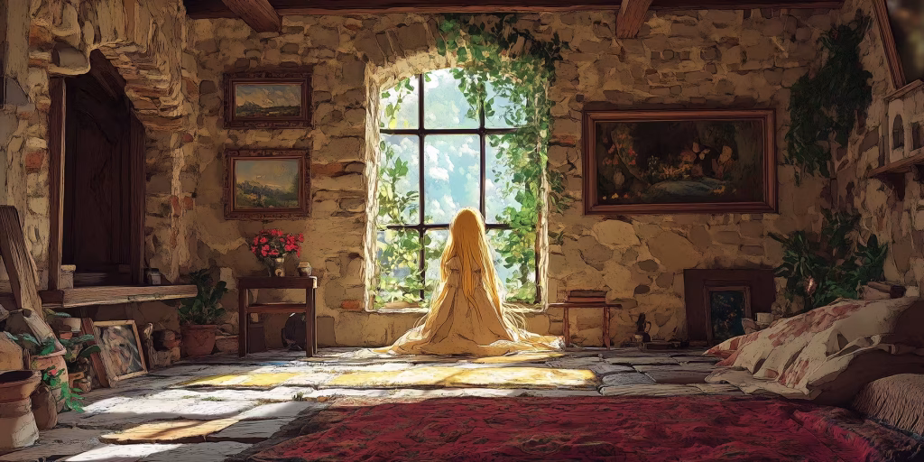 Rapunzel, with long and blonde hair, looking out of the window.