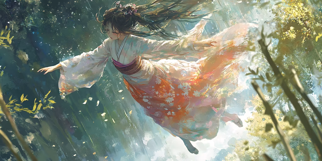 Kaguya flying into the air among the bamboo forest.