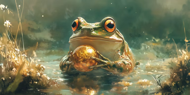 A frog holding onto a golden ball.