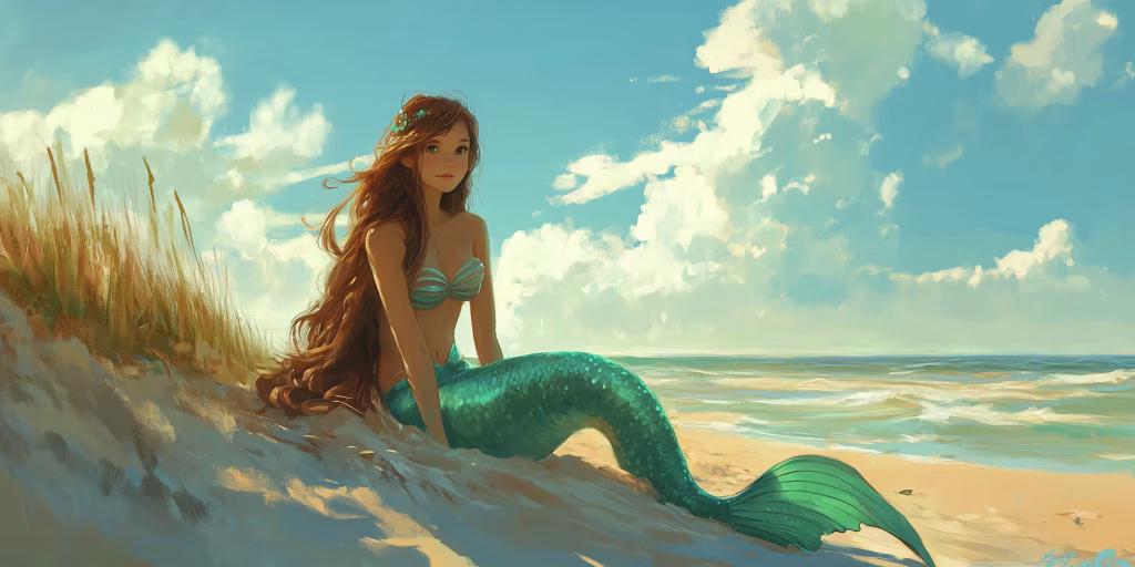 Little mermaid sitting on the beach on a sunny day.