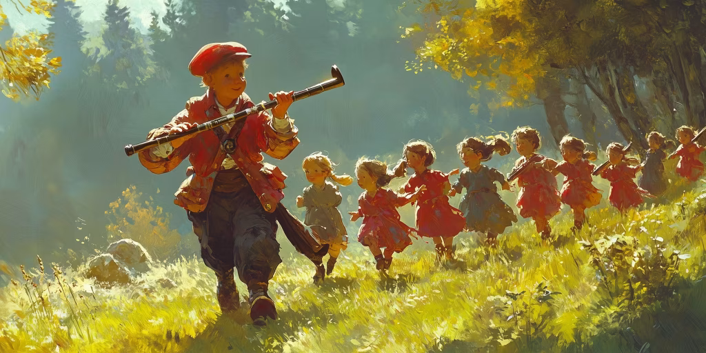 Pied Piper leading a group of children.