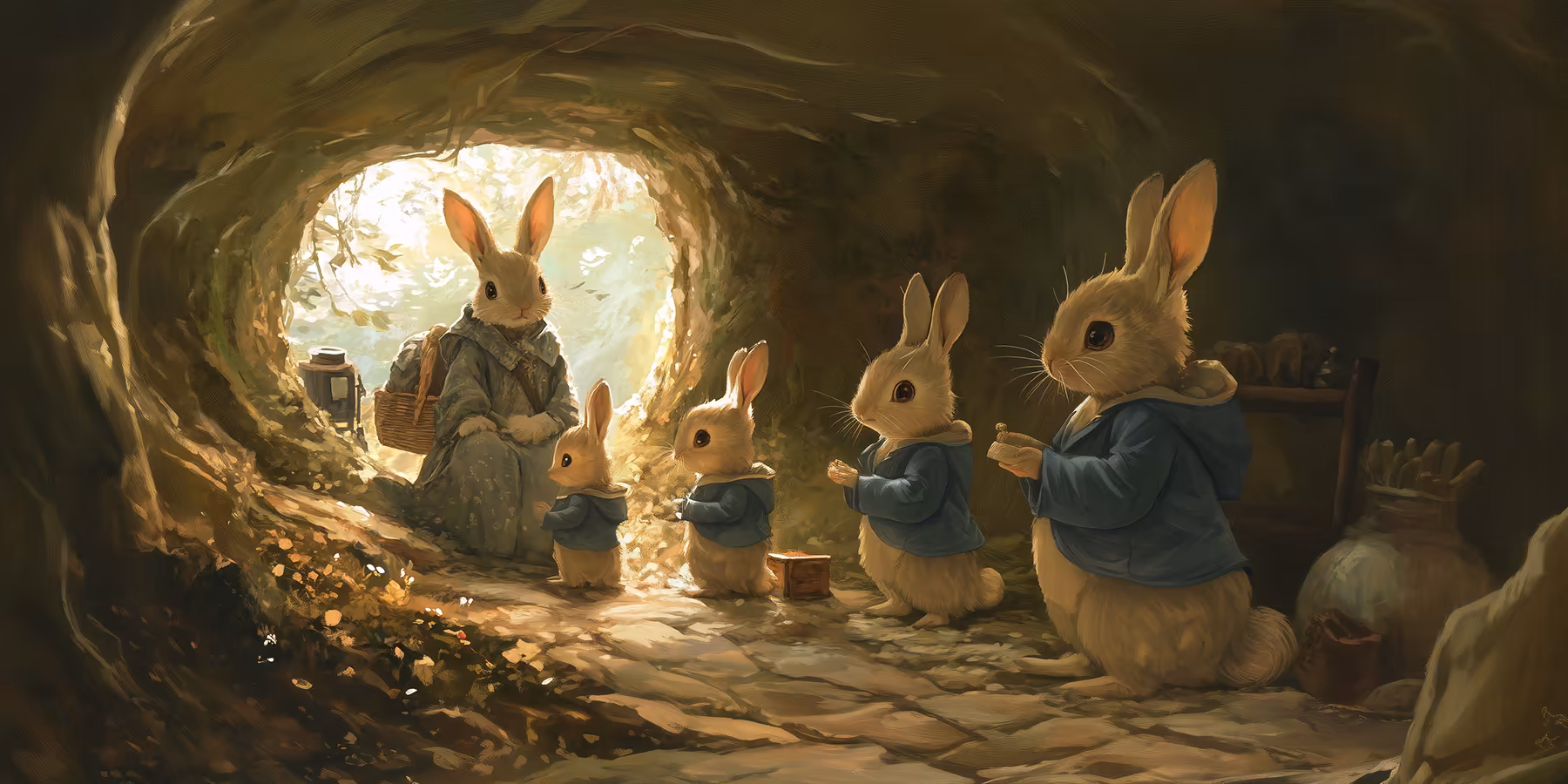 Mrs Rabbit and four little rabbits, Flopsy, Mopsy, Cotton-tail, and Peter.