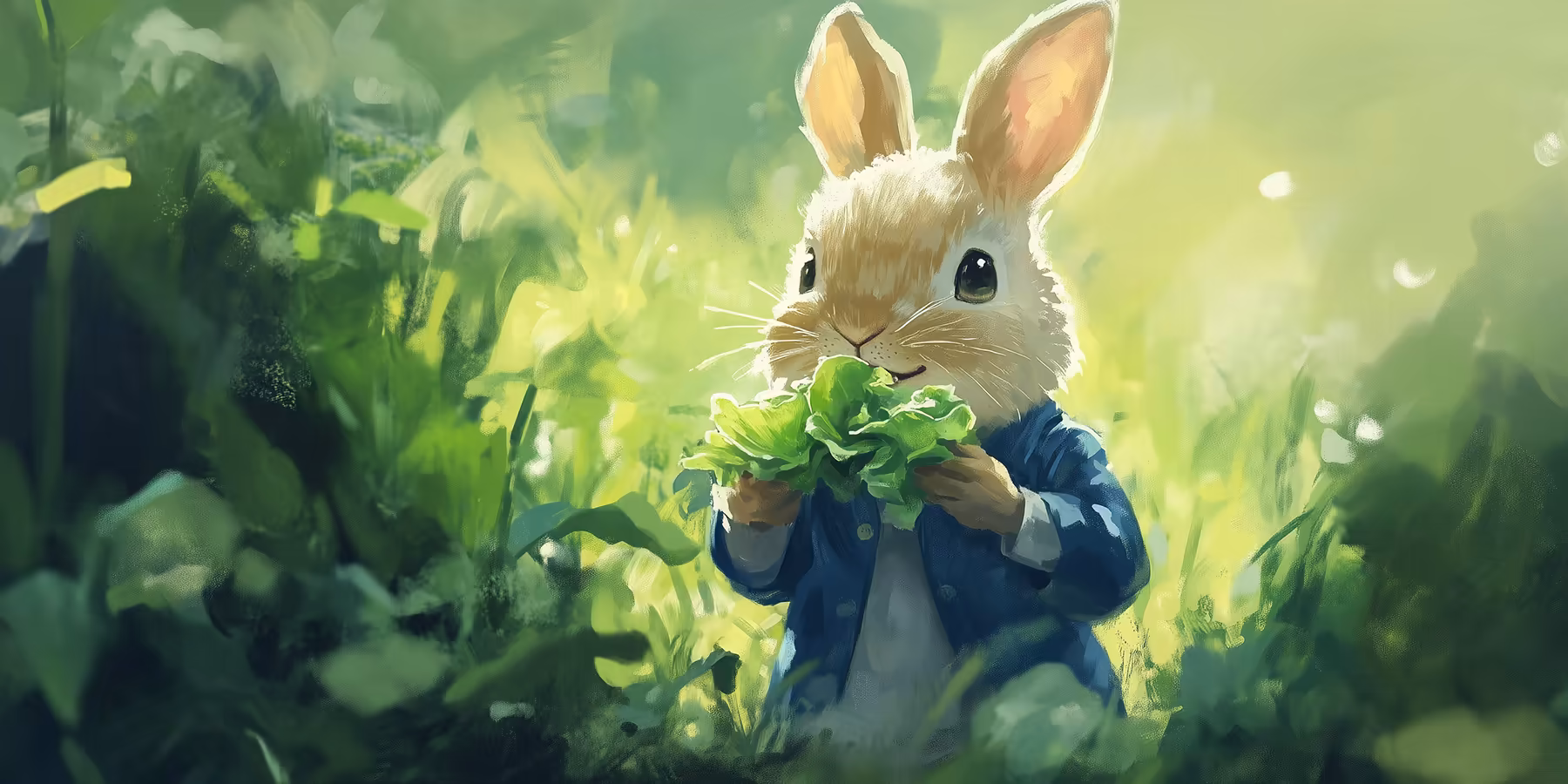 Peter Rabbit crunching on lettuce.