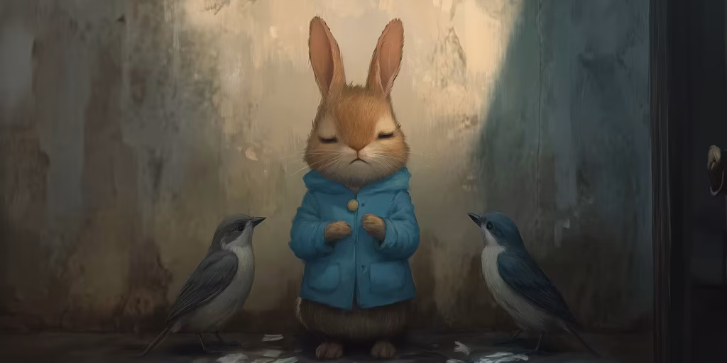 Sad Peter Rabbit cheered on by sparrows.