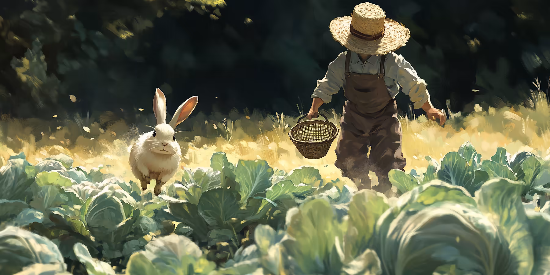 Mr. McGregor chasing Peter Rabbit.