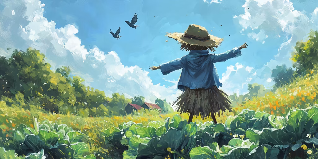 Scarecrow with Peter Rabbit's jacket.