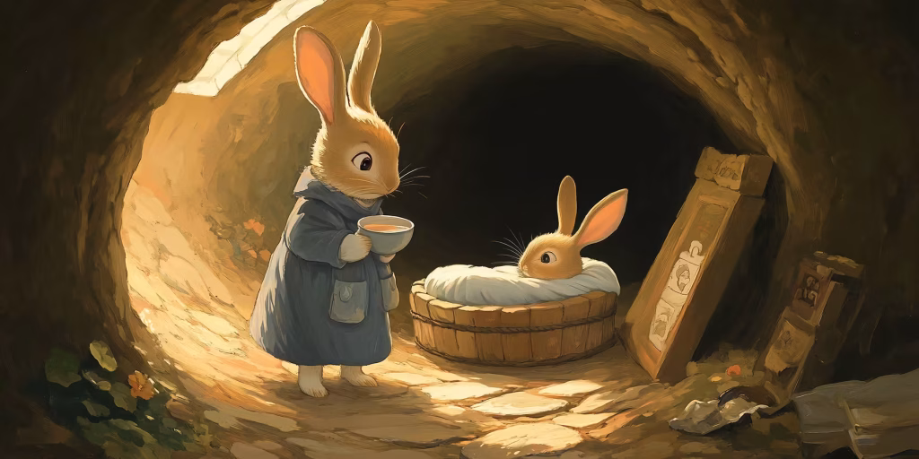 Mrs Rabbit giving tea to Peter Rabbit.