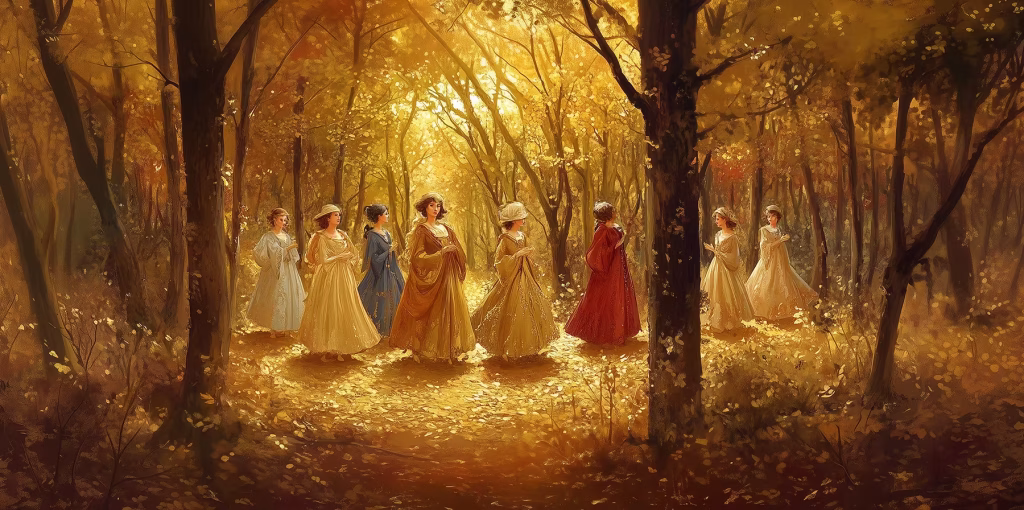Princesses walking through the golden forest.