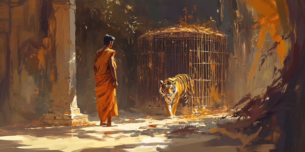 Brahmin looking at a tiger stepping out of its cage.