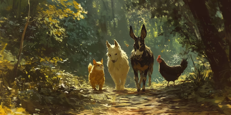 A donkey, a dog, a cat, and a rooster, walking through a forest.