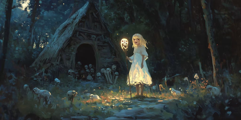 Vasilisa holding a staff, in the forest at night.