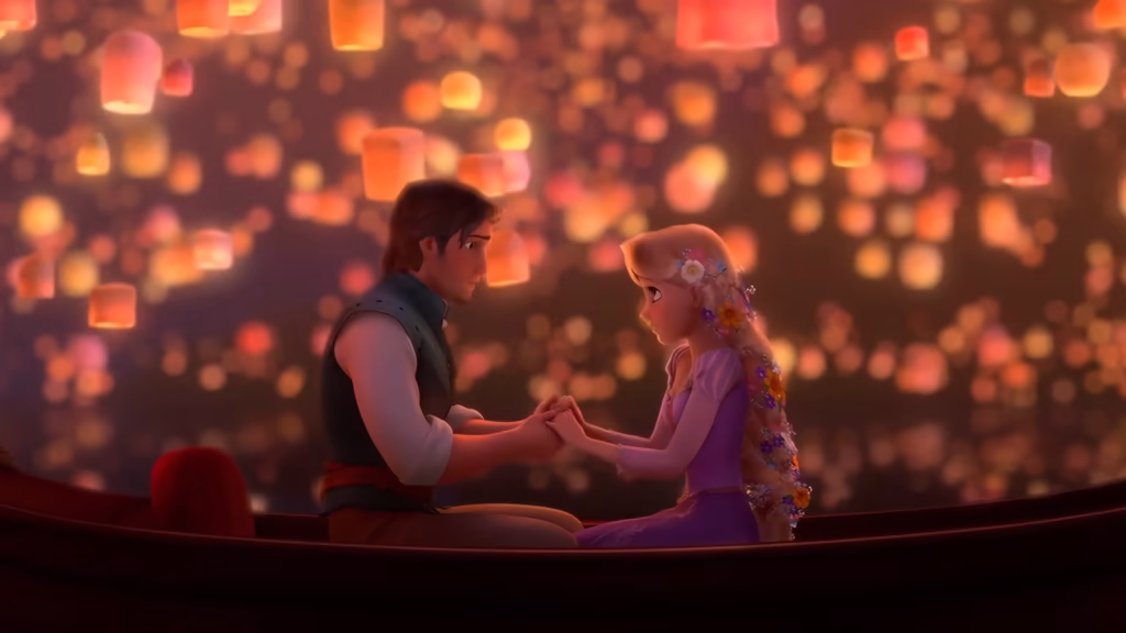 Rapunzel and Flynn on a canoe, with floating lanterns in the background.
