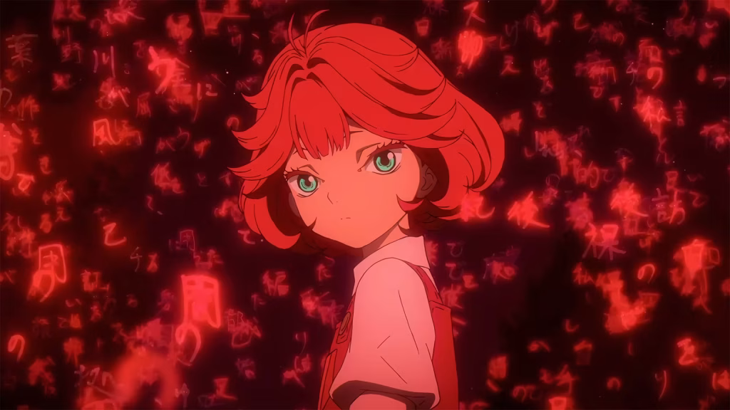 A girl lit by red light and floating letters.