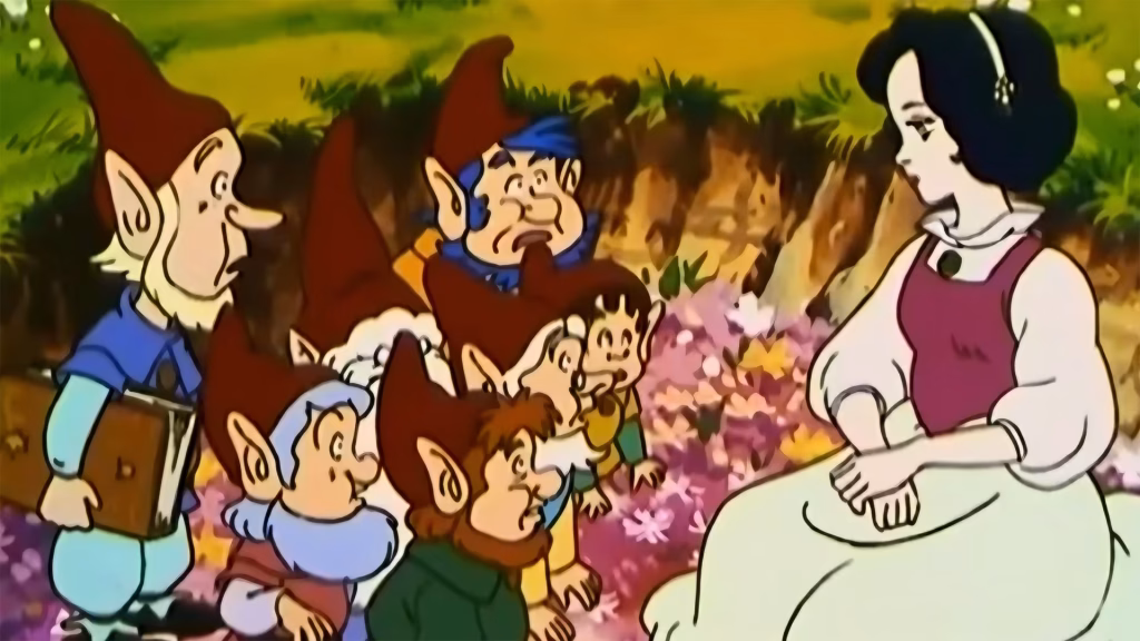 Snow White seated on the ground, with seven dwarves.