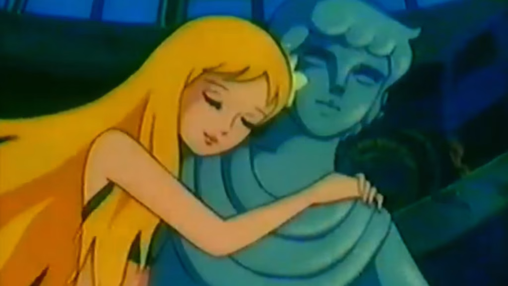 The Little Mermaid holding onto a statue.