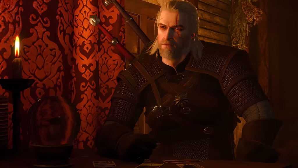 Geralt speaking in a dimly lit room.