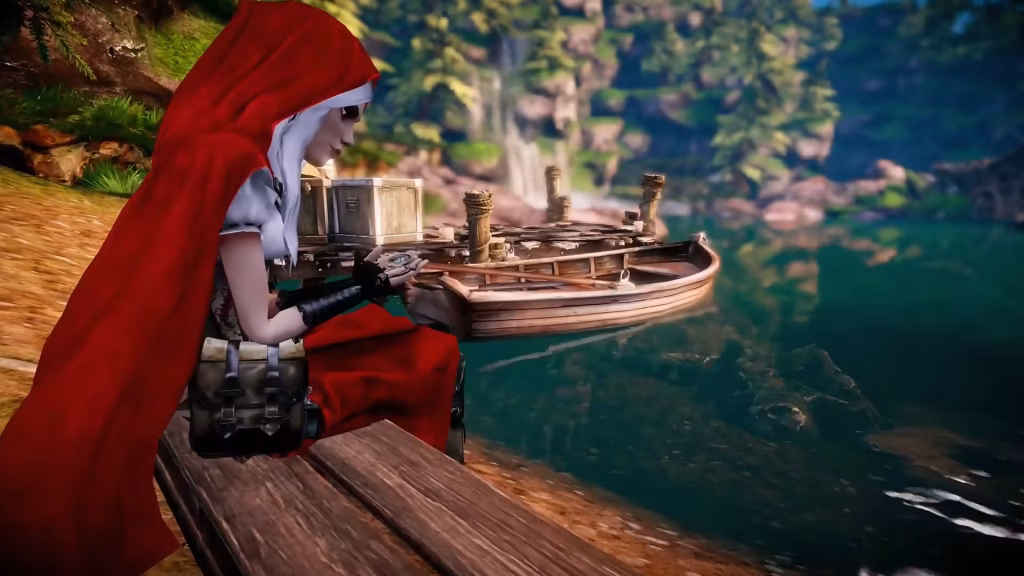 Red Riding Hood looking at her pendant by the dock.
